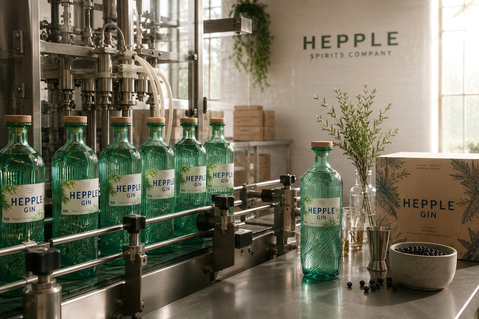 Hepple Gin bottles on the bottling line